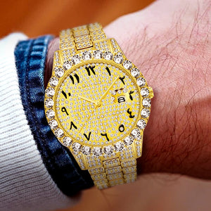 MISSFOX Arabic Number Watch Big Diamond Bezel Full Paved Rolexable Watch Luxury Iced Out Watch Quartz Men's 18K Gold Wrist Watch