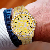 MISSFOX Arabic Number Watch Big Diamond Bezel Full Paved Rolexable Watch Luxury Iced Out Watch Quartz Men's 18K Gold Wrist Watch