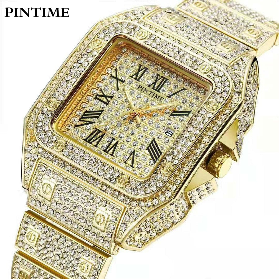 Iced Out Men Watches Men's Fashion Watch Gold Black All Diamond Square