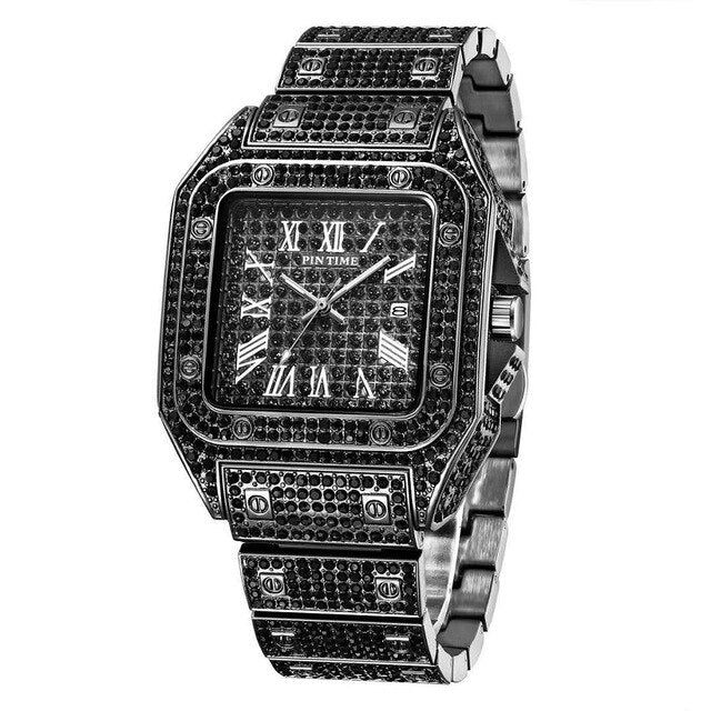 Iced Out Men Watches Men's Fashion Watch Gold Black All Diamond Square