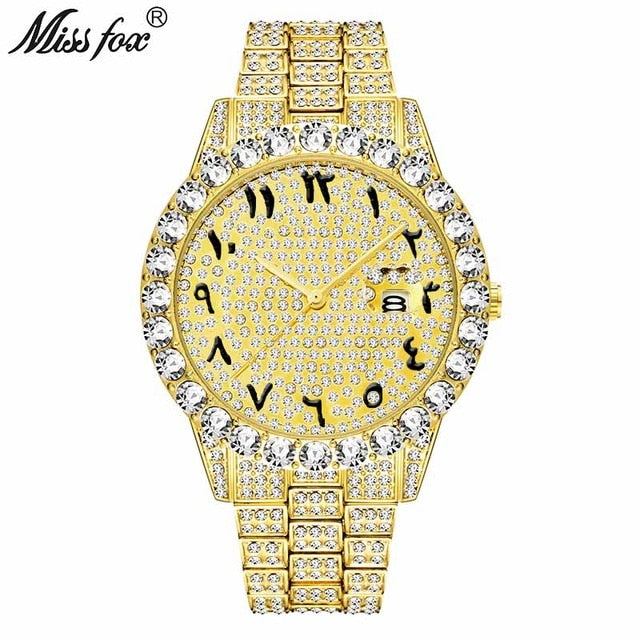 MISSFOX Arabic Number Watch Big Diamond Bezel Full Paved Rolexable Watch Luxury Iced Out Watch Quartz Men's 18K Gold Wrist Watch