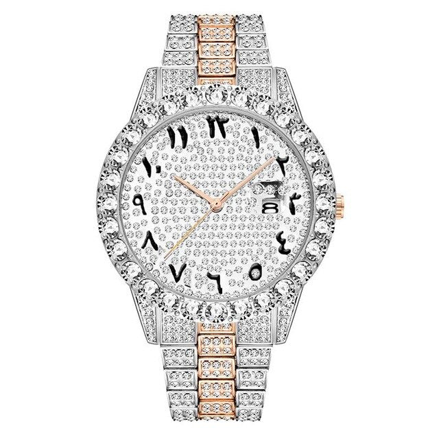 MISSFOX Arabic Number Watch Big Diamond Bezel Full Paved Rolexable Watch Luxury Iced Out Watch Quartz Men's 18K Gold Wrist Watch