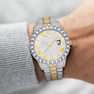 MISSFOX Roman Numeral Gold Silver Analog Quartz Movement Iced Out Big Diamond Bezel Bling Bling Rolexable Men Jewelry Watches