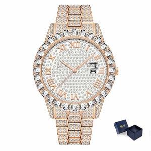 MISSFOX Roman Numeral Gold Silver Analog Quartz Movement Iced Out Big Diamond Bezel Bling Bling Rolexable Men Jewelry Watches