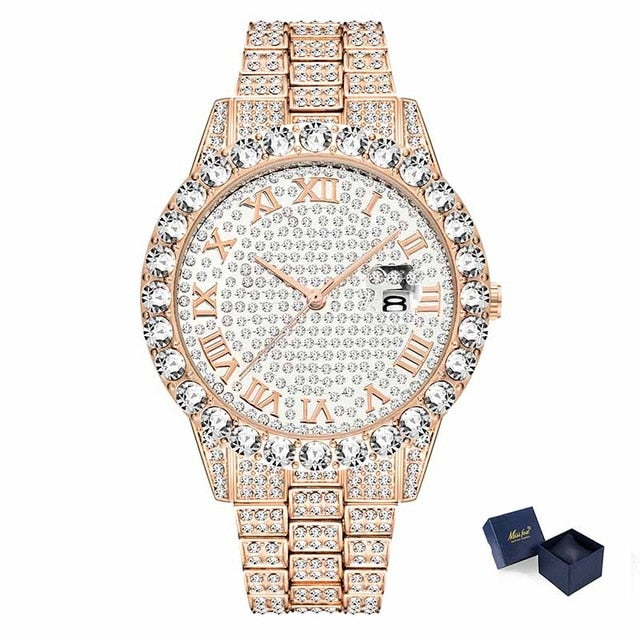 MISSFOX Roman Numeral Gold Silver Analog Quartz Movement Iced Out Big Diamond Bezel Bling Bling Rolexable Men Jewelry Watches