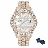 MISSFOX Roman Numeral Gold Silver Analog Quartz Movement Iced Out Big Diamond Bezel Bling Bling Rolexable Men Jewelry Watches