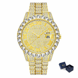 MISSFOX Roman Numeral Gold Silver Analog Quartz Movement Iced Out Big Diamond Bezel Bling Bling Rolexable Men Jewelry Watches