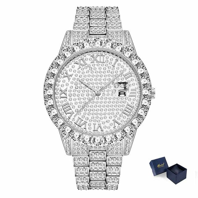 MISSFOX Roman Numeral Gold Silver Analog Quartz Movement Iced Out Big Diamond Bezel Bling Bling Rolexable Men Jewelry Watches