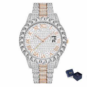 MISSFOX Roman Numeral Gold Silver Analog Quartz Movement Iced Out Big Diamond Bezel Bling Bling Rolexable Men Jewelry Watches