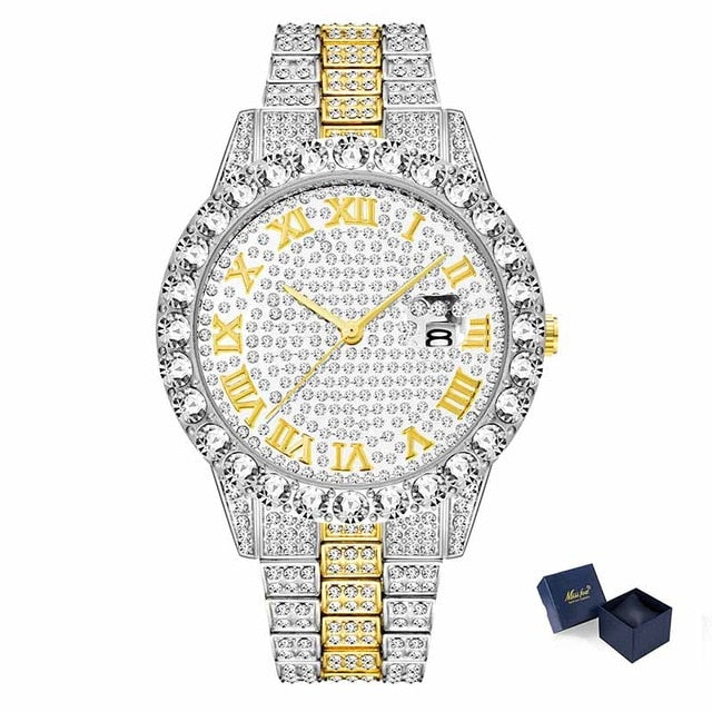 MISSFOX Roman Numeral Gold Silver Analog Quartz Movement Iced Out Big Diamond Bezel Bling Bling Rolexable Men Jewelry Watches