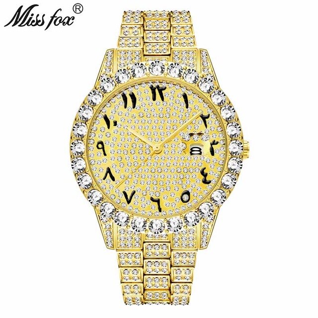 Relogio Masculino MISSFOX Icd-Out Bling Diamond Watch For Men Rolexable Hip Hop Iced Out Watch Men Xfcs Date Clock Quartz Watch