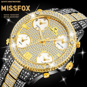 New MISSFOX Two Tone Black And Gold Chronograph Block Male Wrist Watch