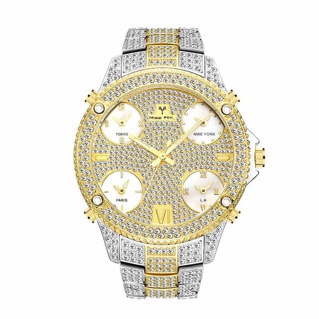 New MISSFOX Two Tone Black And Gold Chronograph Block Male Wrist Watch