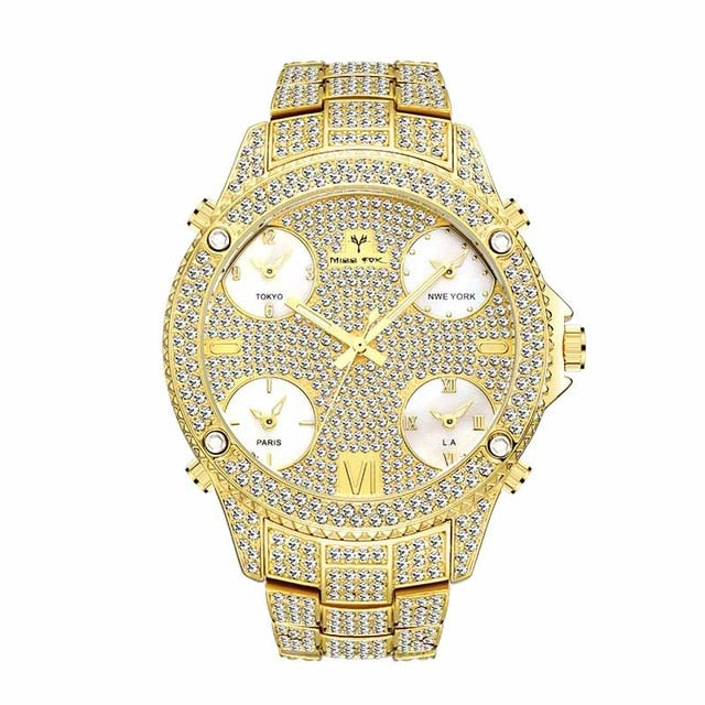 New MISSFOX Two Tone Black And Gold Chronograph Block Male Wrist Watch