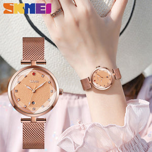 SKMEI Diamond Elegant Women Watch Three Dimensional Glass Luminous Pointer Quartz Wrist Girls Watch Mesh Band montre femme 9215