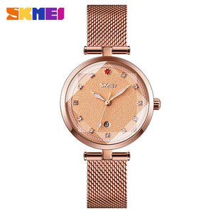 SKMEI Diamond Elegant Women Watch Three Dimensional Glass Luminous Pointer Quartz Wrist Girls Watch Mesh Band montre femme 9215