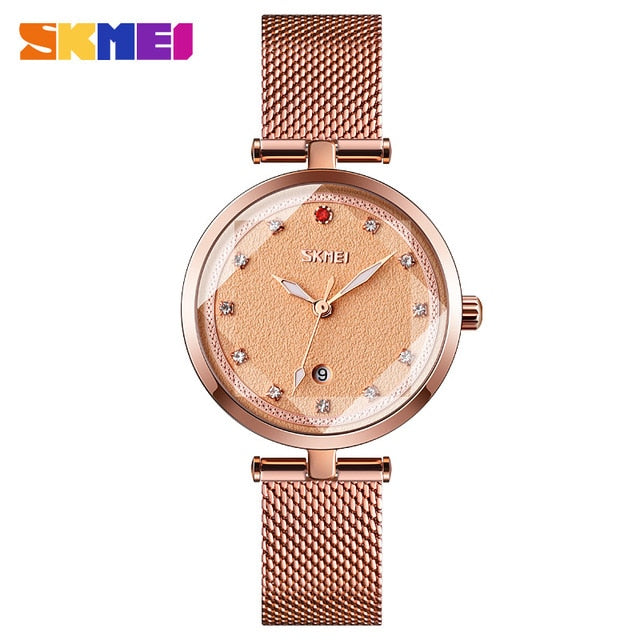 SKMEI Diamond Elegant Women Watch Three Dimensional Glass Luminous Pointer Quartz Wrist Girls Watch Mesh Band montre femme 9215