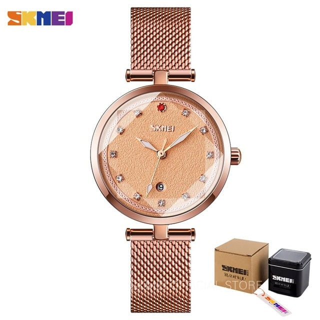 SKMEI Diamond Elegant Women Watch Three Dimensional Glass Luminous Pointer Quartz Wrist Girls Watch Mesh Band montre femme 9215