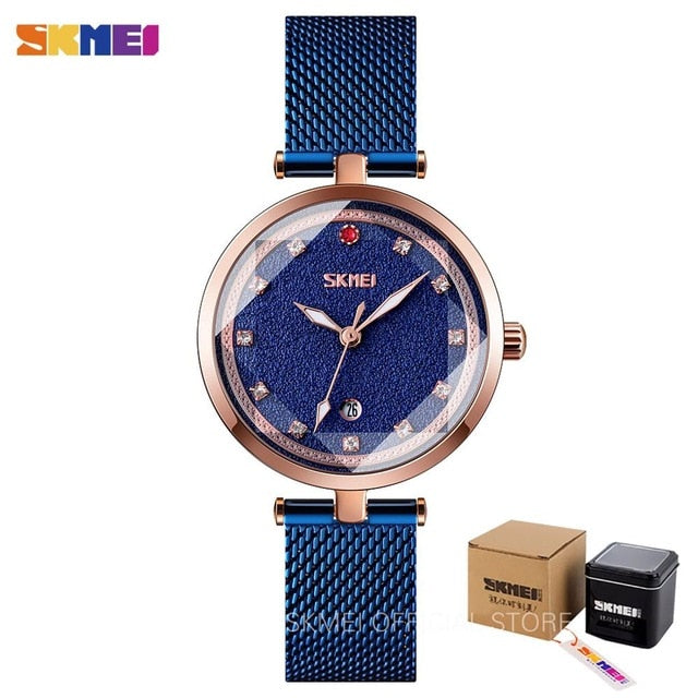 SKMEI Diamond Elegant Women Watch Three Dimensional Glass Luminous Pointer Quartz Wrist Girls Watch Mesh Band montre femme 9215