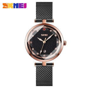 SKMEI Diamond Elegant Women Watch Three Dimensional Glass Luminous Pointer Quartz Wrist Girls Watch Mesh Band montre femme 9215