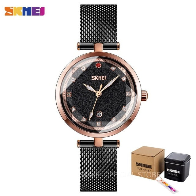 SKMEI Diamond Elegant Women Watch Three Dimensional Glass Luminous Pointer Quartz Wrist Girls Watch Mesh Band montre femme 9215