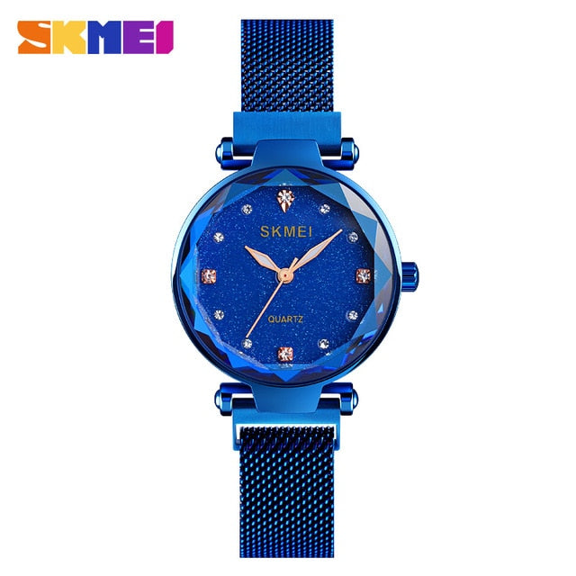 SKMEI Starry Fashion Women Watches Full Stainless Steel Magnet Strap Ladies Quartz Wrist Watch Thin Elegant Montre Femme Q022