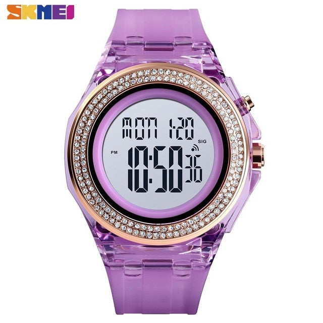 SKMEI Boy Girl Teenager Watches Fashion LED Digital Wrist Watch Men Women Diamond Transparent Case Clock 2Time reloj 1598