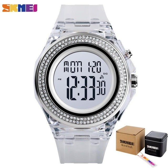 SKMEI Boy Girl Teenager Watches Fashion LED Digital Wrist Watch Men Women Diamond Transparent Case Clock 2Time reloj 1598