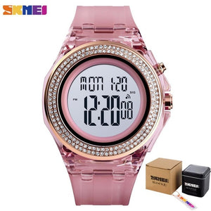 SKMEI Boy Girl Teenager Watches Fashion LED Digital Wrist Watch Men Women Diamond Transparent Case Clock 2Time reloj 1598