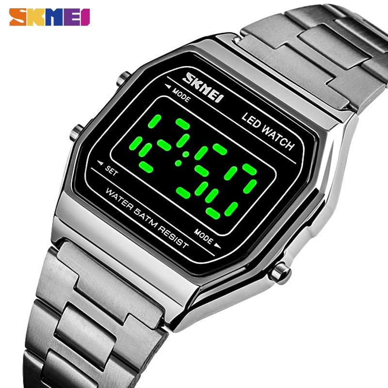 SKMEI Fashion LED Watches For Mens Luminous Date Digital Wrist Watch Men Stainless Steel Band Waterproof Hour montre homme 1646