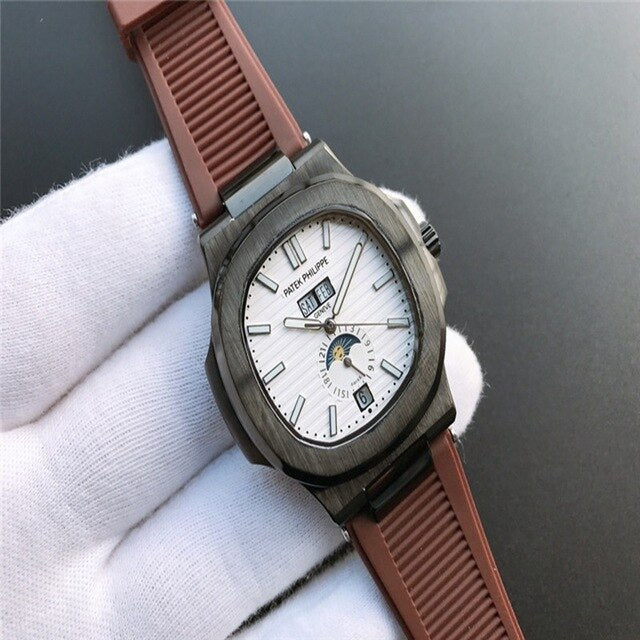 Patek- Philippe- New Automatic Mechanical Men Watch Silver Blue Stainless Steel Transparent Sapphire Glass Glide Watches 94423