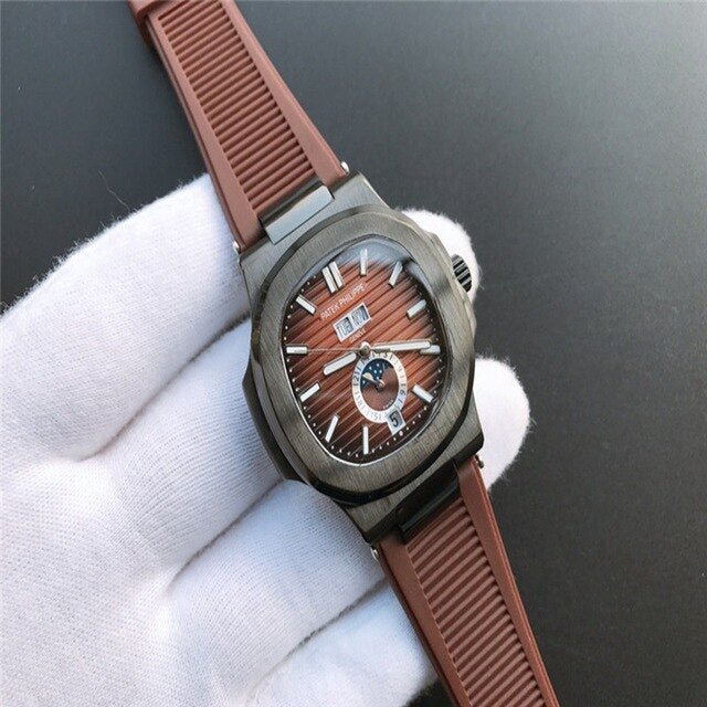 Patek- Philippe- New Automatic Mechanical Men Watch Silver Blue Stainless Steel Transparent Sapphire Glass Glide Watches 94423
