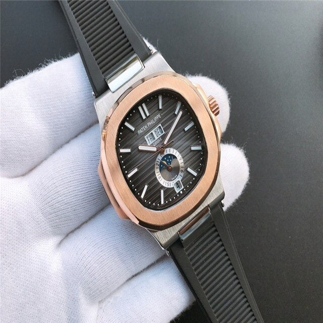 Patek- Philippe- New Automatic Mechanical Men Watch Silver Blue Stainless Steel Transparent Sapphire Glass Glide Watches 94423