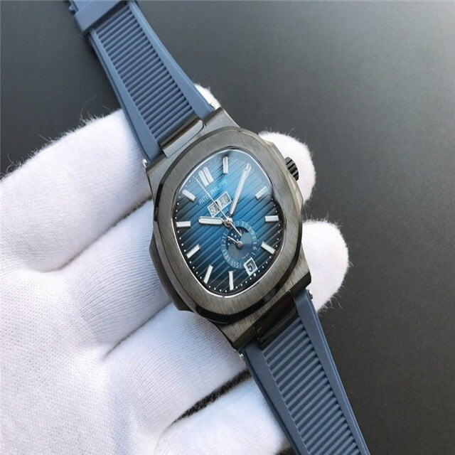 Patek- Philippe- New Automatic Mechanical Men Watch Silver Blue Stainless Steel Transparent Sapphire Glass Glide Watches 94423