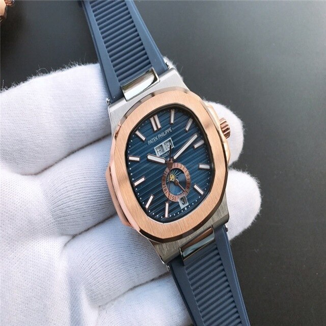 Patek- Philippe- New Automatic Mechanical Men Watch Silver Blue Stainless Steel Transparent Sapphire Glass Glide Watches 94423