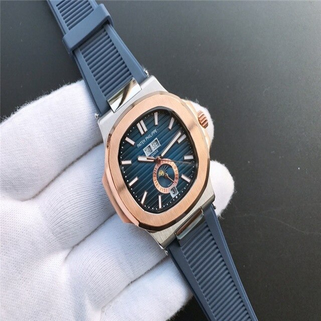 Patek- Philippe- New Automatic Mechanical Men Watch Silver Blue Stainless Steel Transparent Sapphire Glass Glide Watches 94423