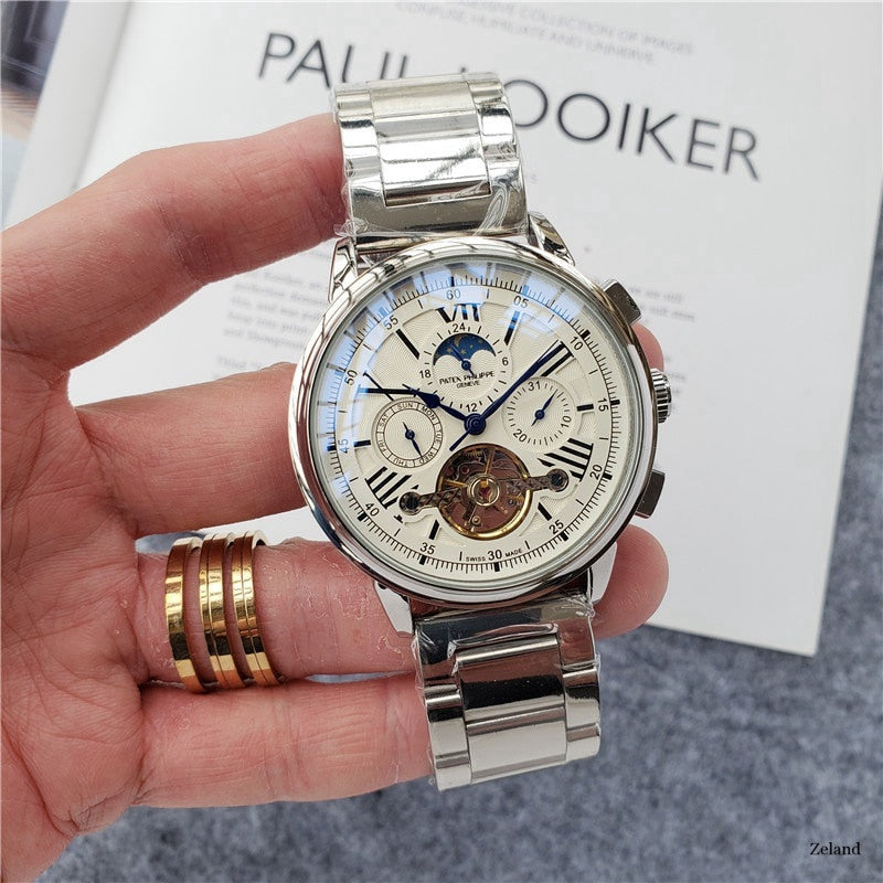 Patek- Philippe- New Automatic Mechanical Men Watch Silver Blue Stainless Steel Transparent Sapphire Glass AAA Glide Watches 188