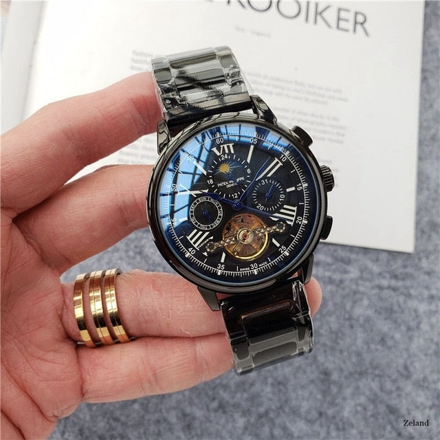 Patek- Philippe- New Automatic Mechanical Men Watch Silver Blue Stainless Steel Transparent Sapphire Glass AAA Glide Watches 188