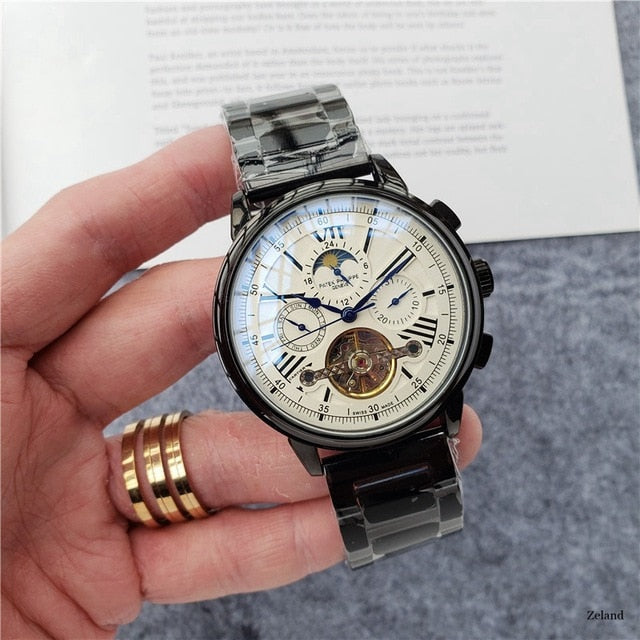 Patek- Philippe- New Automatic Mechanical Men Watch Silver Blue Stainless Steel Transparent Sapphire Glass AAA Glide Watches 188