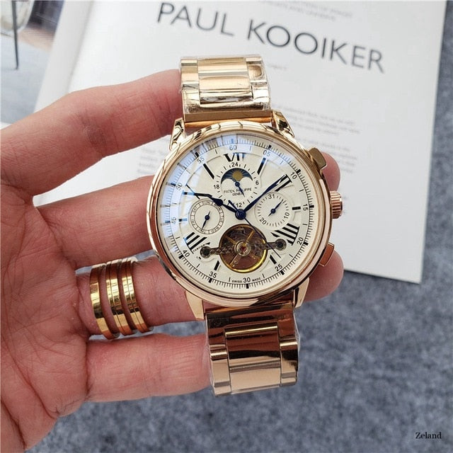 Patek- Philippe- New Automatic Mechanical Men Watch Silver Blue Stainless Steel Transparent Sapphire Glass AAA Glide Watches 188