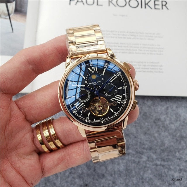 Patek- Philippe- New Automatic Mechanical Men Watch Silver Blue Stainless Steel Transparent Sapphire Glass AAA Glide Watches 188