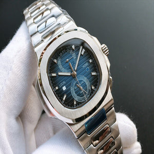 Patek- Philippe- New Automatic Mechanical Men Watch Silver Blue Stainless Steel Transparent Sapphire Glass Glide Watches 944423