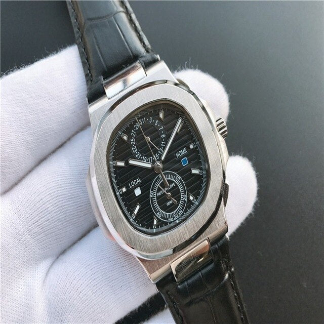 Patek- Philippe- New Automatic Mechanical Men Watch Silver Blue Stainless Steel Transparent Sapphire Glass Glide Watches 944423