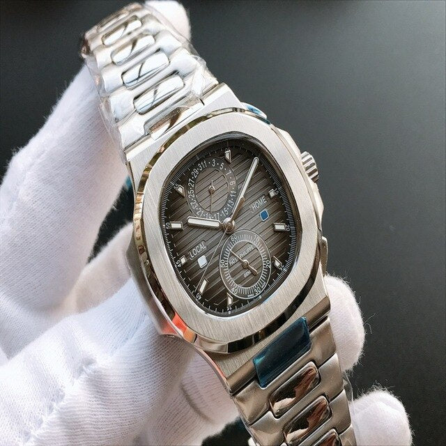 Patek- Philippe- New Automatic Mechanical Men Watch Silver Blue Stainless Steel Transparent Sapphire Glass Glide Watches 944423