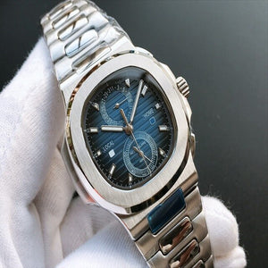 Patek- Philippe- New Automatic Mechanical Men Watch Silver Blue Stainless Steel Transparent Sapphire Glass Glide Watches 944423