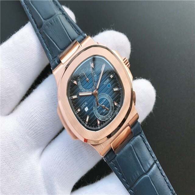Patek- Philippe- New Automatic Mechanical Men Watch Silver Blue Stainless Steel Transparent Sapphire Glass Glide Watches 944423
