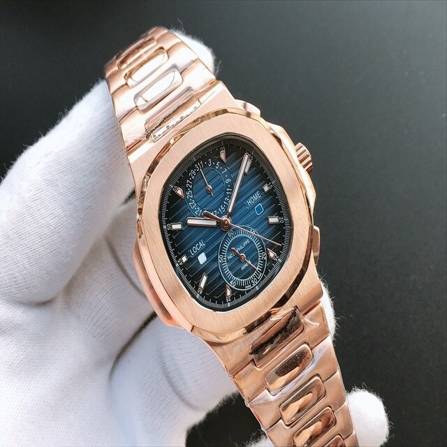 Patek- Philippe- New Automatic Mechanical Men Watch Silver Blue Stainless Steel Transparent Sapphire Glass Glide Watches 944423