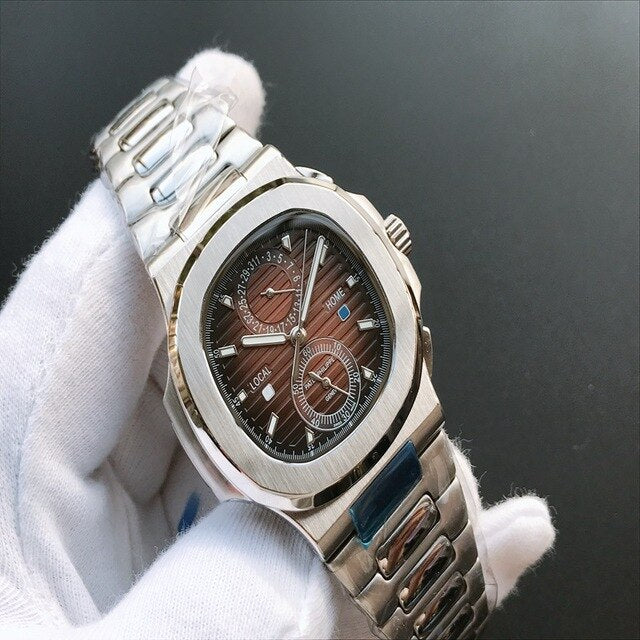 Patek- Philippe- New Automatic Mechanical Men Watch Silver Blue Stainless Steel Transparent Sapphire Glass Glide Watches 944423