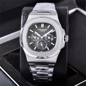Patek- Philippe- New Automatic Mechanical Men Watch Silver Blue Stainless Steel Transparent Sapphire Glass Glide Watches 13457