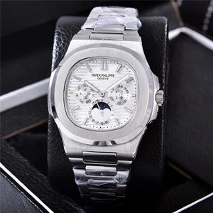 Patek- Philippe- New Automatic Mechanical Men Watch Silver Blue Stainless Steel Transparent Sapphire Glass Glide Watches 13457
